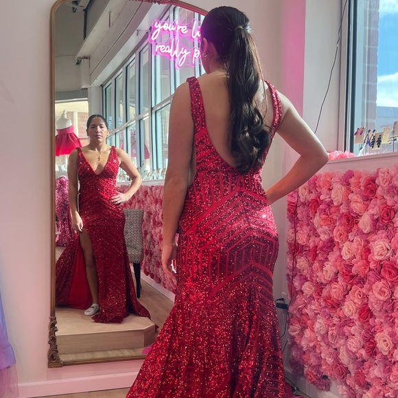 Jovani V-Neck Sleeveless Gown with High Slit and Sequins 38053 - Picture 3 of 3